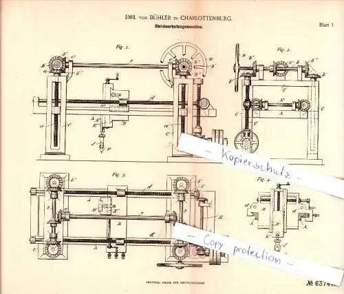 Original Patent - Emil von Bühler in Charlottenburg b. Berlin , 1891 , Steinbearbeitungsmaschine !!!