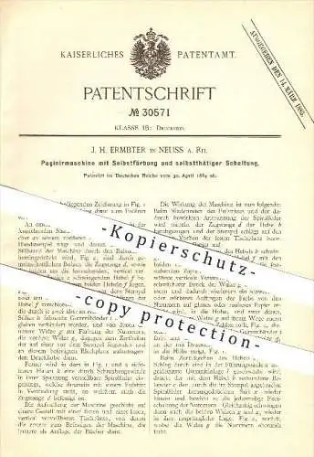 original Pantent - J. H. Ermbter in Neuss a. Rh. , 1884 , Paginiermaschine mit Selbstfärbung und selbsttätiger Schaltung