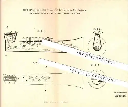 original Pantent - Carl Hartlieb in Porto Alegre , Brasilien , 1884 , Blasinstrument mit Zungen , Trompete , trumpet