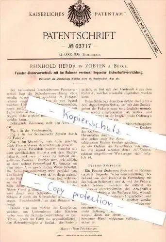 Original Patent - R. Herda in Zobten a. Berge / Sobótka , 1891 , Fensterverschluß mit Sicherheitsvorrichtung !!!