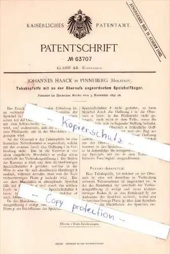 Original Patent - J. Haack in Pinneberg , Holstein , 1891 , Tabakspfeife mit Speichelfänger !!!