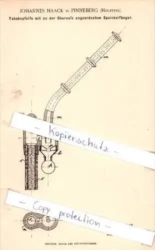 Original Patent - J. Haack in Pinneberg , Holstein , 1891 , Tabakspfeife mit Speichelfänger !!!