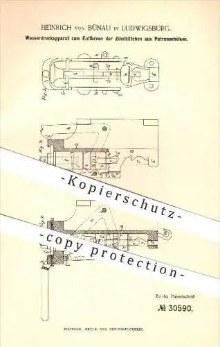 original Pantent - Heinrich von Bünau in Ludwigsburg , 1884 , Apparat zum Entfernen der Zündhütchen aus Patronenhülsen !