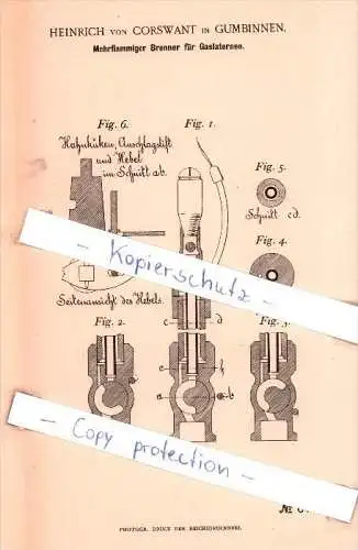 Original Patent - Heinrich von Corswant in Gumbinnen / Gussew , 1892 , Brenner für Gaslaternen , Russland !!!