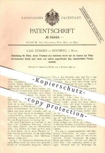 original Patent - Carl Dörries in Herzberg am Harz , 1897 , Abdichtung für Filter, deren Trommel aus mehr Teilen besteht