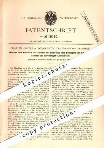 Original Patent - Charles Couppé à Romorantin , Loir et Cher , 1881 , Machine pour le soudage et bouleversant !!!