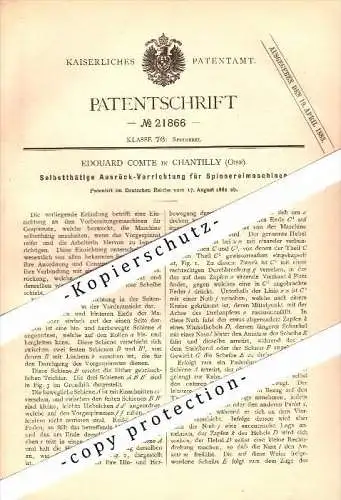 Original Patent - Edouard Comte à Chantilly , 1882 , Appareil pour machine de filature !!!