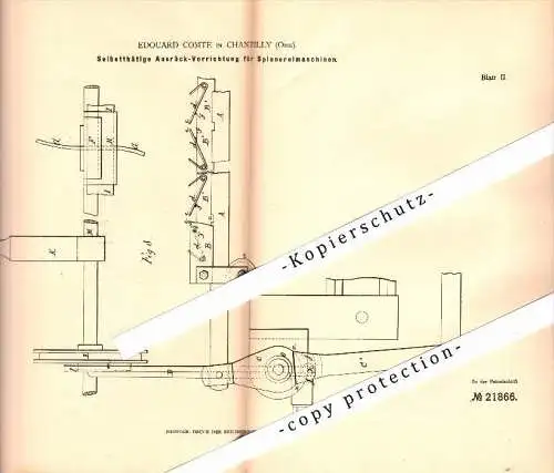 Original Patent - Edouard Comte à Chantilly , 1882 , Appareil pour machine de filature !!!