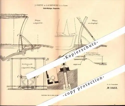 Original Patent - J. Greve in Laurenburg a.d. Lahn b. Diez , 1881 , selbsttätiges Klappenwehr , Wehr , Stau !!!