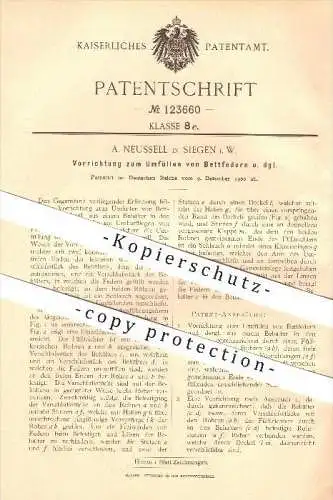 original Patent - A. Neussell in Siegen i. W. , 1900 , Vorrichtung zum Umfüllen von Bettfedern !!!