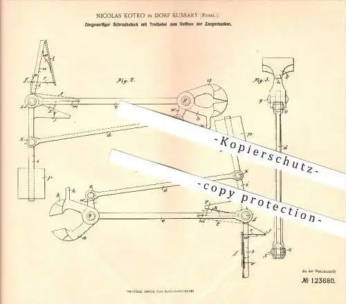 original Patent - Nicolas Kotko in Dorf Kussary , Russland , 1900 , Zangenartiger Schraubstock mit Trethebel !!!