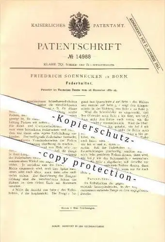 original Patent - Friedrich Soennecken in Bonn , 1880 , Federhalter , Schreibmaterialien !!!