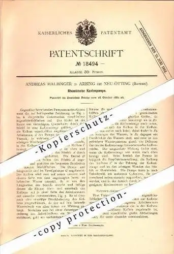 Original Patent - Andreas Halbinger in Arbing / Reischach b. Neuötting , 1881 , Rhombische Kastenpumpe , Bayern !!!