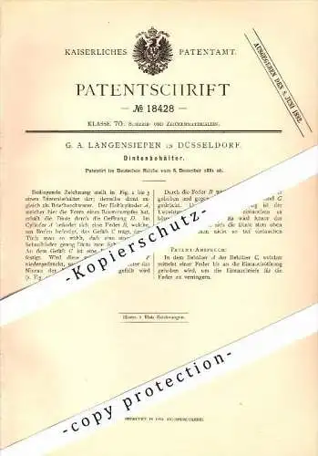 Original Patent - G.A. Langensiepen in Düsseldorf , 1881 , Tintenbehälter , Tintenfass , Hirsch !!!