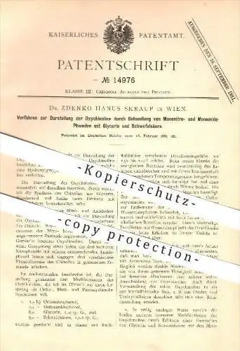 original Patent - Dr. Zdenko Hanus Skraup in Wien , 1881 , Verfahren zur Darstellung der Oxychinoline !!!