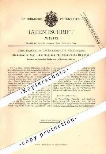 Original Patent - G. Prankel in Gross Strehlitz / Strzelce Opolskie , 1881 , Sicherheitsventil für Dämpfer , Brauerei !