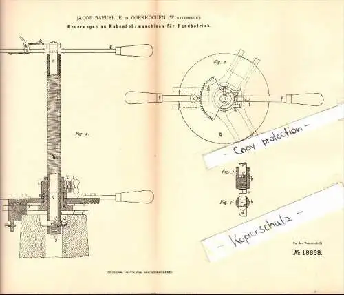 Original Patent - Jacob Baeuerle in Oberkochen , Württemberg , 1882 , Bohrmaschine für Handbetrieb !!!