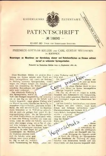 Original Patent - F.G. Keller und C.G. Wetzstein in Krippen b. Bad Schandau , 1881 , Maschine für Steine !!!