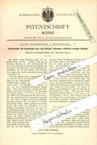 Original Patent - Josef Kuhnmünch in Röttingen a. T. , 1883 , Putzmaschine !!!