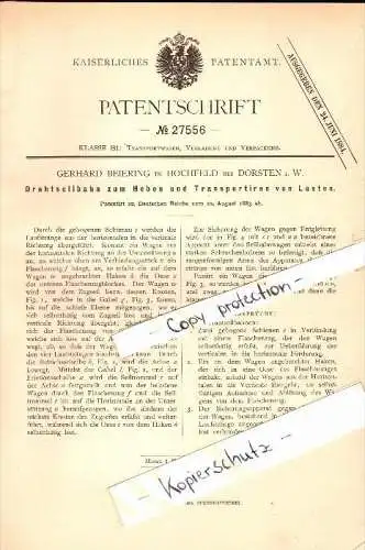 Original Patent - Gerhard Beiering in Hochfeld b. Dorsten i.W. , 1883 , Drahtseilbahn , Seilbahn !!!