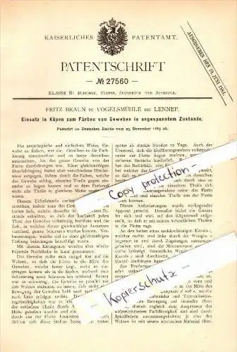 Original Patent - Fritz Braun in Vogelsmühle b. Radevormwald , 1883 , Färben von Gewebe !!!