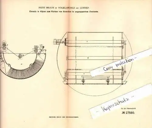 Original Patent - Fritz Braun in Vogelsmühle b. Radevormwald , 1883 , Färben von Gewebe !!!