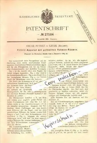 Original Patent - Oscar Puvrez in Leuze-en-Hainaut , 1883 , Filtrier-Apparat !!!