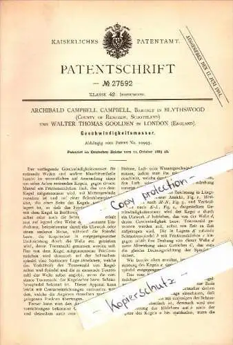 Original Patent - Archibald Campbell , Baronet in Blythswood , 1883 , speedometer for machines , scotland !!!