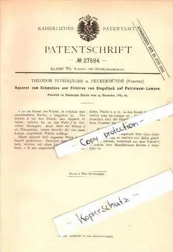 Original Patent - Theodor Honerjäger in Ueckermünde i. Mecklenburg , 1883 , Siegellack für Petroleum-Lampen , Ückermünde