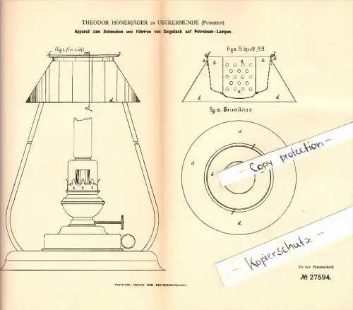 Original Patent - Theodor Honerjäger in Ueckermünde i. Mecklenburg , 1883 , Siegellack für Petroleum-Lampen , Ückermünde