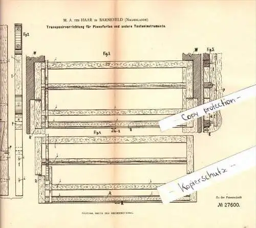 Original Patent - M.A. ter Haar in Barneveld , 1883 , Transportvorrichtung für Pianoforte , Klavier , Piano !!!