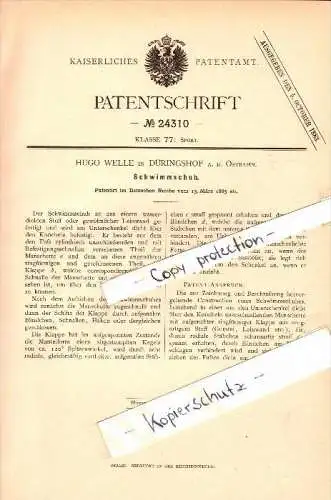 Original Patent - Hugo Welle in Dühringshof a.d. Ostbahn / Bogdaniec , 1883 , Schwimmschuh , Landsberg a. Warthe !!!