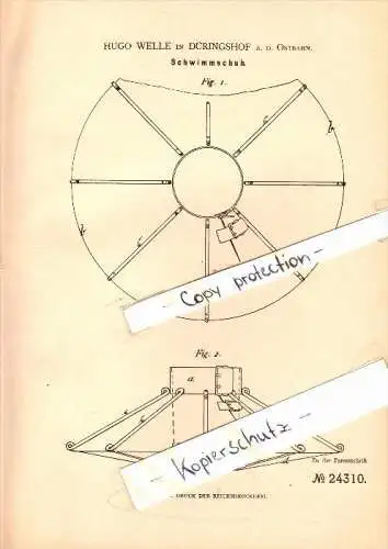 Original Patent - Hugo Welle in Dühringshof a.d. Ostbahn / Bogdaniec , 1883 , Schwimmschuh , Landsberg a. Warthe !!!