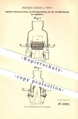 original Patent - Hermann Gebler in Pirna , 1880 , Schraub- u. Führungsvorrichtung zum Bewegen des Zugzylinders !!!