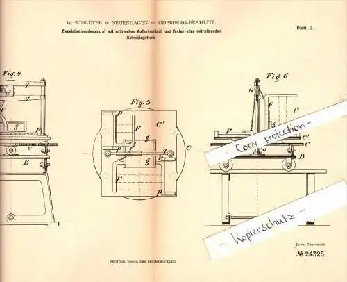 Original Patent - W. Schlüter in Neuenhagen b. Oderberg-Bralitz , 1883 , Ziegel-Abschneideapparat , Bad Freienwalde !!!