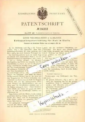 Original Patent -Louis Wechselmann in Lublinitz / Lubliniec ,1882, Entkuppelung für Vieh im Stall, Viehzucht , Schlesien