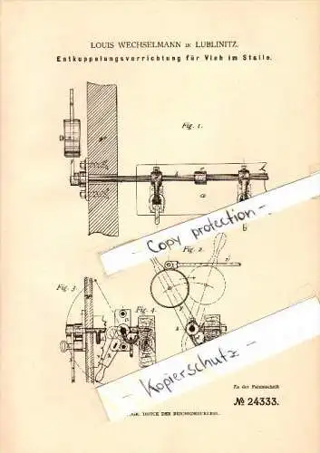 Original Patent -Louis Wechselmann in Lublinitz / Lubliniec ,1882, Entkuppelung für Vieh im Stall, Viehzucht , Schlesien