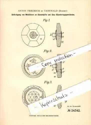 Original Patent - Anton Friedrich in Tannwald / Tanvald b. Reichenberg / Liberec&#8203; , 1883 , Glas-Knöpfe !!!