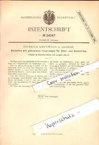 Original Patent - Heinrich Grunwald in Glogau / Glogow , 1883 , Backofen mit Ober- und Unterhitze , Bäckerei !!!