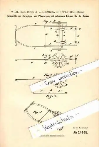 Original Patent - W. Esselborn & C. Kremkow in Käfertal b. Mannheim , 1883 , Handgerät für Pflanzgruben !!!