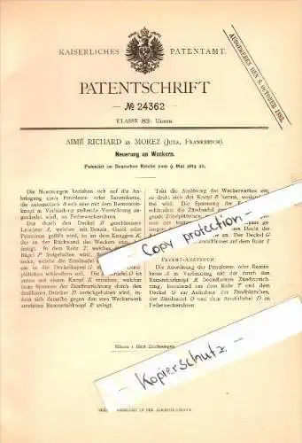 Original Patent - Aimé Richard à Morez , Jura , 1883 , Innovation sur les horloges d'alarme !!!