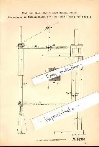 Original Patent - Mathias Bluntzer à Wesserling / Thann , 1883 , Appareil de mesure pour les arbres , bois !!!