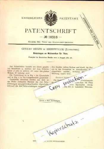 Original Patent - Gustav Heger in Eberswalde / Zainhammer , 1881 , Walzwerk für Thon , Keramik , Töpferei !!