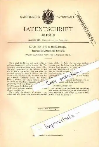 Original Patent - Louis Mattis in Hirschberg / Jelenia Góra , 1881 , Lefaucheux - Gewehre , Gewehr , Jagd , Schlesien !!