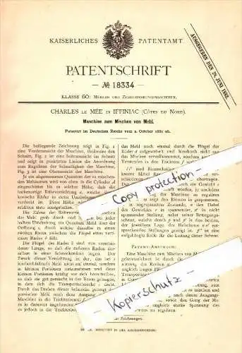 Original Patent - Charles le Mée à Yffiniac , Cotes-d’Armor , 1881 , Machine à mélanger la farine !!!