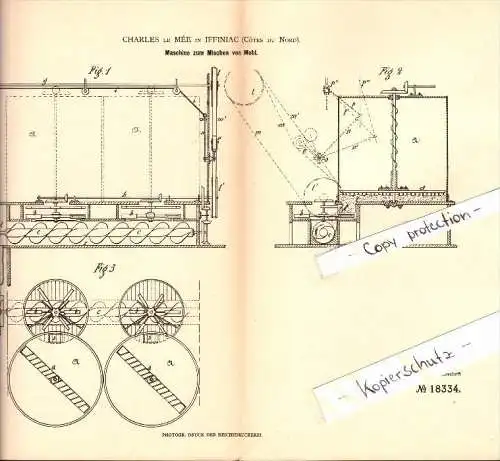 Original Patent - Charles le Mée à Yffiniac , Cotes-d’Armor , 1881 , Machine à mélanger la farine !!!