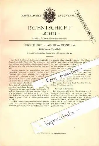 Original Patent - Hugo Scharf in Baukau b. Herne i.W. , 1881 , Wetterlampen-Verschluß , Beleuchtung !!!