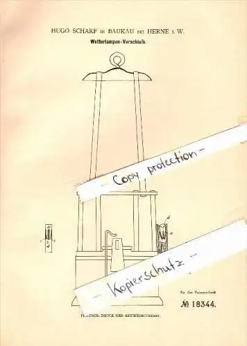 Original Patent - Hugo Scharf in Baukau b. Herne i.W. , 1881 , Wetterlampen-Verschluß , Beleuchtung !!!