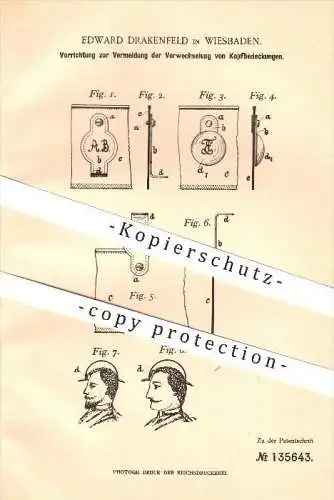 original Patent - E. Drakenfeld in Wiesbaden , 1901 , Vorrichtung zu Vermeidung der Verwechselung von Kopfbedeckungen !!