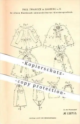 original Patent - Paul Twarock in Harburg , 1902 , In einen Rucksack umwandelbares Kleidungsstück , Mode !!!